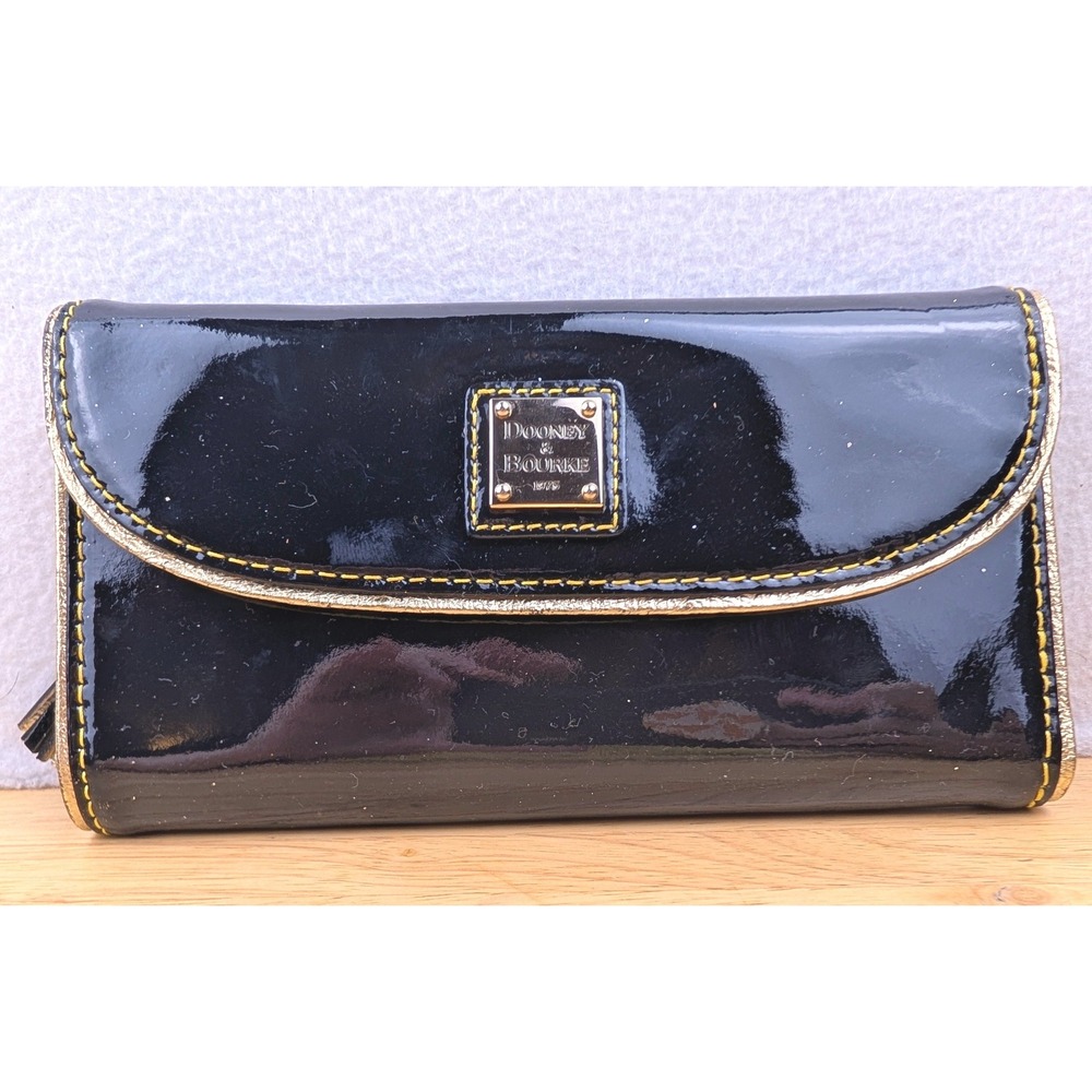 Dooney & Bourke Black Patent Leather Wallet Gold Trim Tassel Continental Clutch